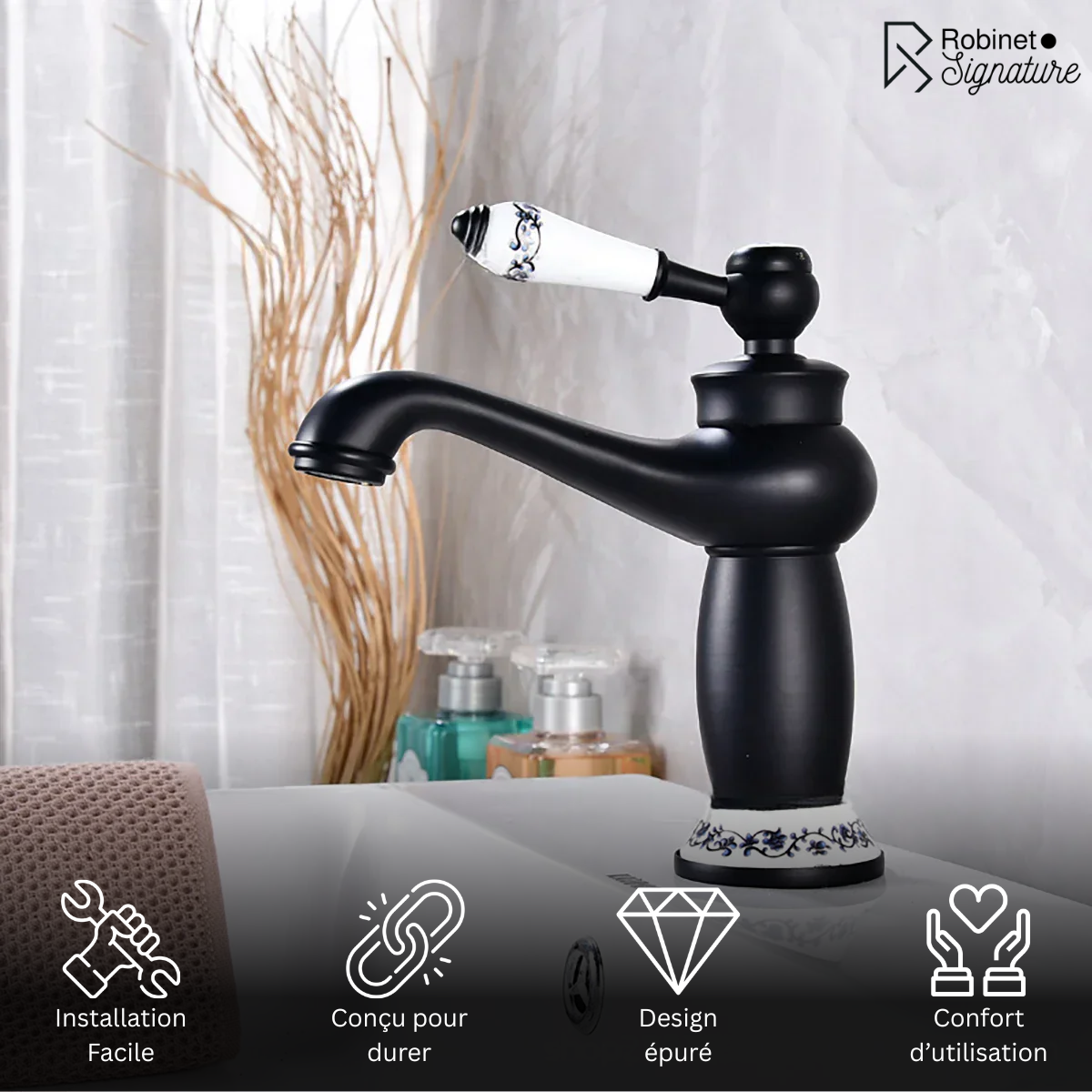 Robinet mitigeur lavabo salle de bain rétro poignée céramique - Noir - Laiton