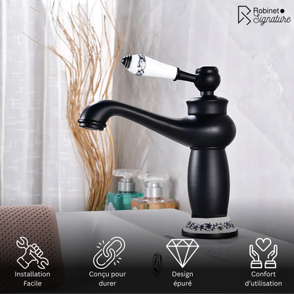 Robinet mitigeur lavabo salle de bain rétro poignée céramique - Noir - Laiton