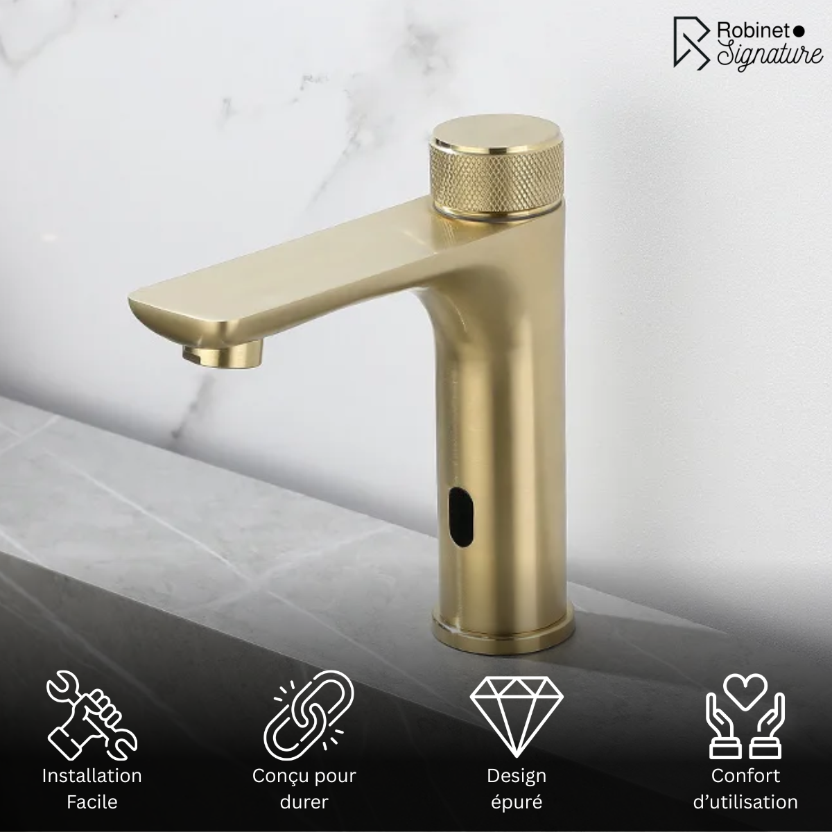 Robinet mitigeur lavabo salle de bain tactile rond - Doré - Laiton