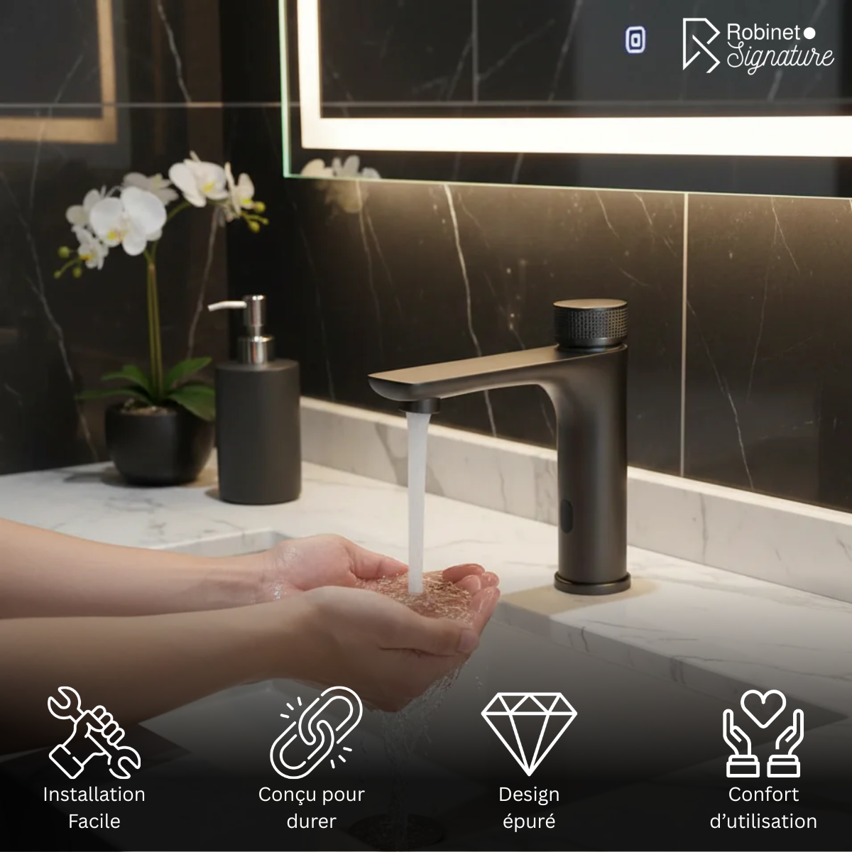 Robinet mitigeur lavabo salle de bain tactile rond - Noir - Laiton