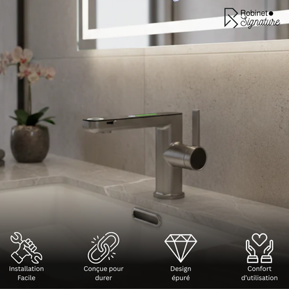Robinet mitigeur salle de bain lavabo fontaine température numérique - Argenté