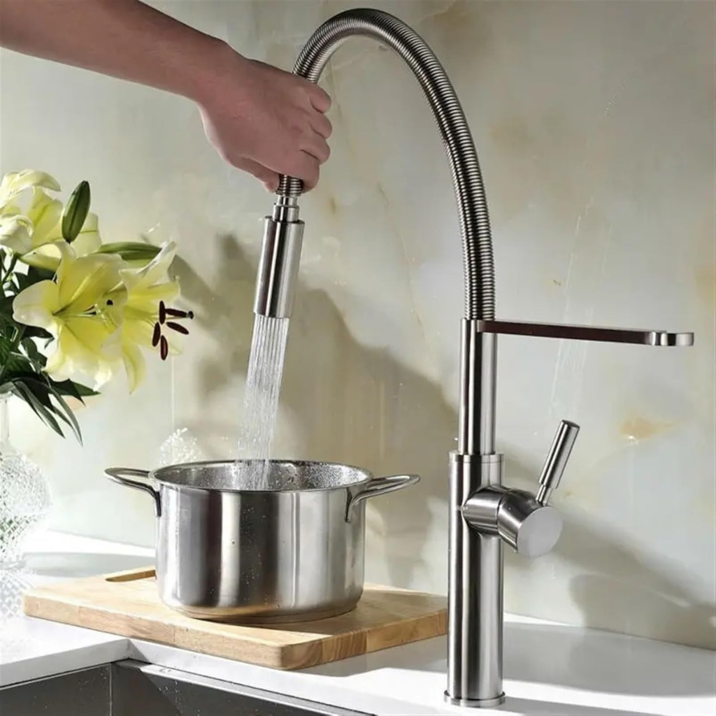 Robinet mitigeur évier cuisine flexible douchette design - Argenté - Laiton