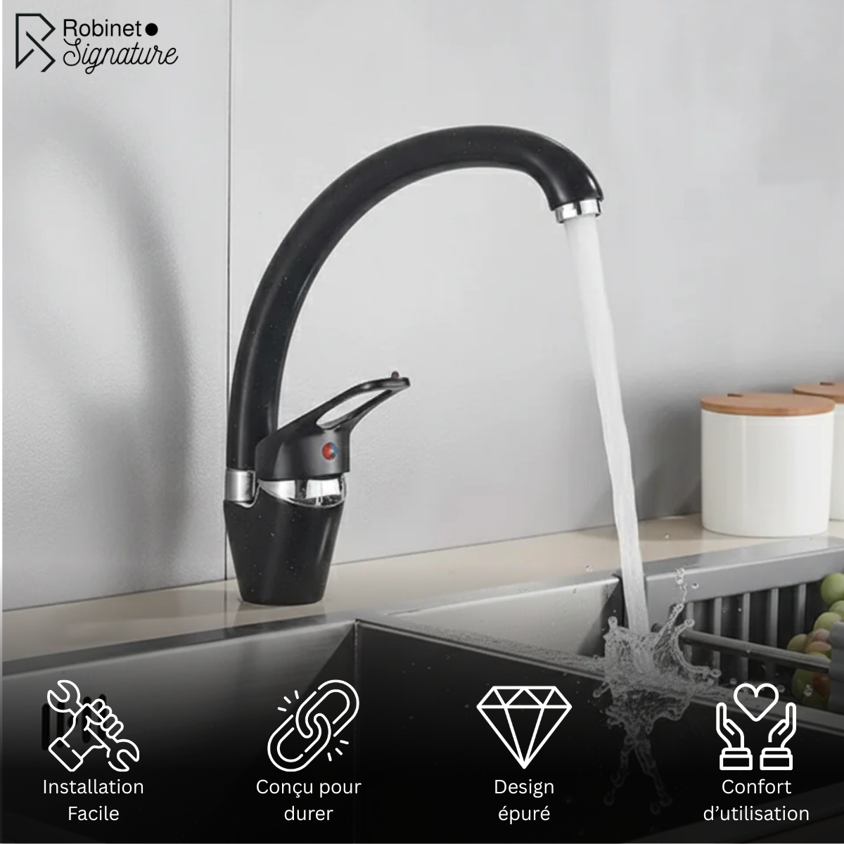 Robinet mitigeur évier de cuisine arrondi tacheté - Noir - Laiton