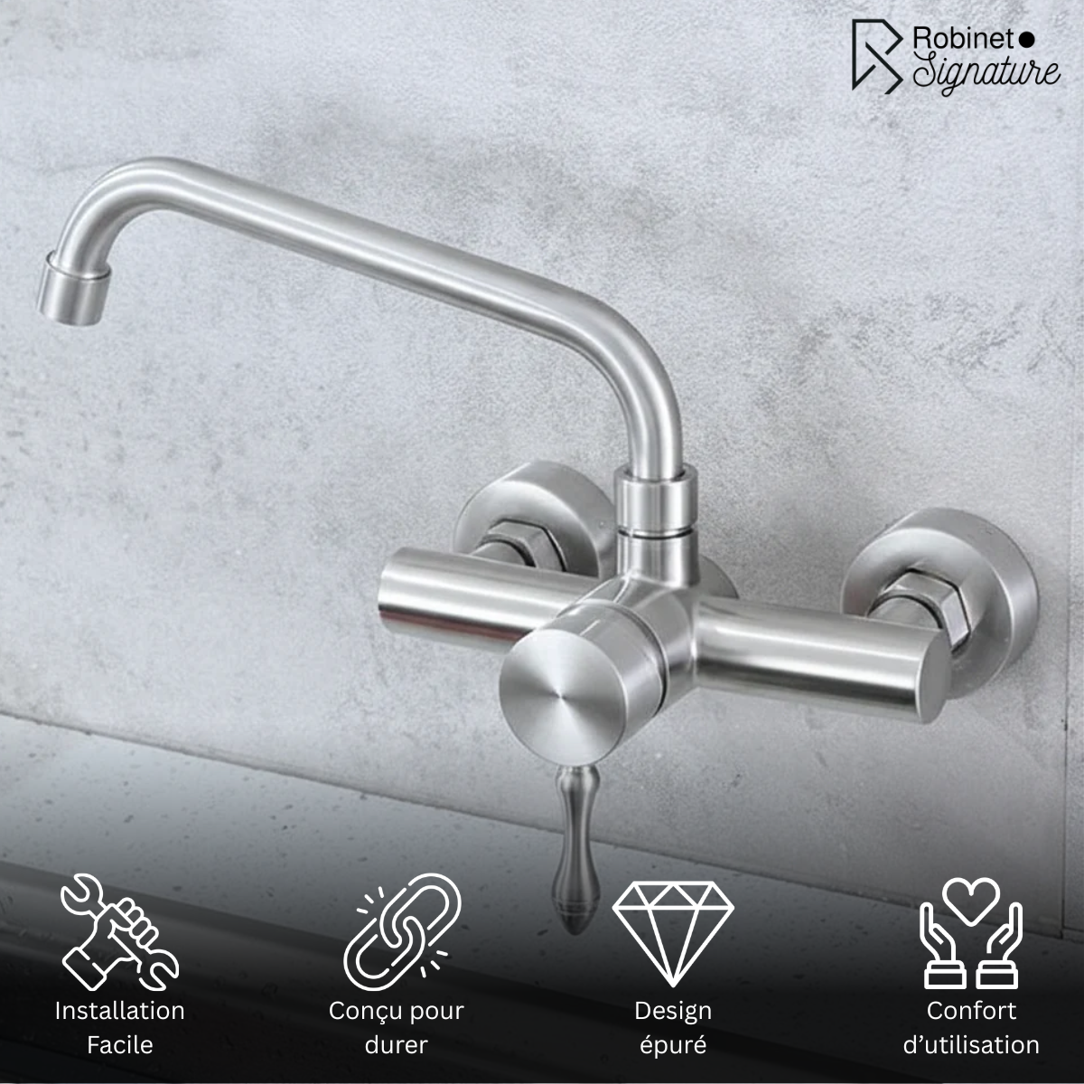 Robinet mitigeur évier de cuisine encastrable mural - Argenté