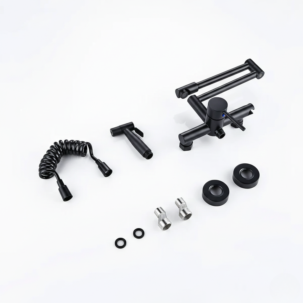 Robinet mitigeur évier de cuisine rétractable mural avec douchette - Noir - Laiton