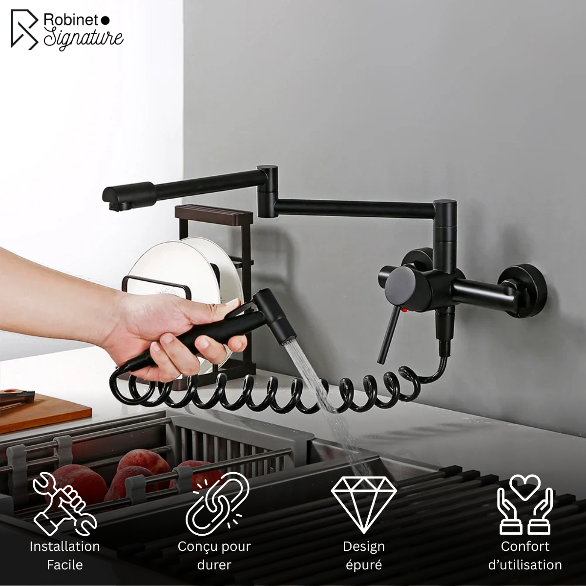 Robinet mitigeur évier de cuisine rétractable mural avec douchette - Noir - Laiton