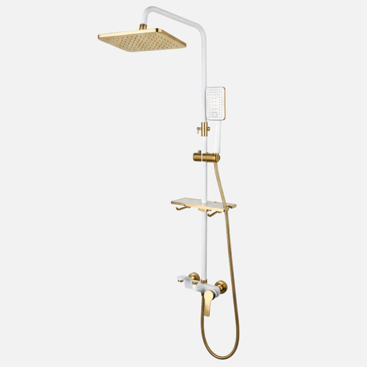 Robinet mitigeur salle de bain baignoire douche - Blanc Doré (fond gris)