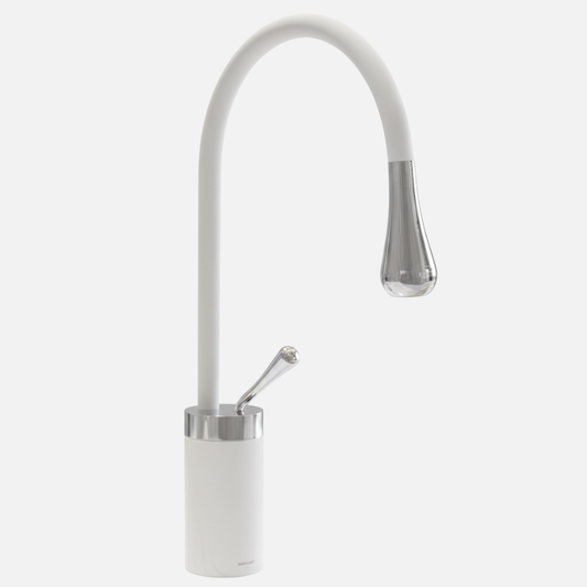 Robinet mitigeur salle de bain lavabo design arrondi goutte - Blanc - Laiton