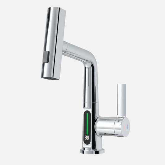 Robinet mitigeur évier affichage température numérique flexible cascade - Argenté