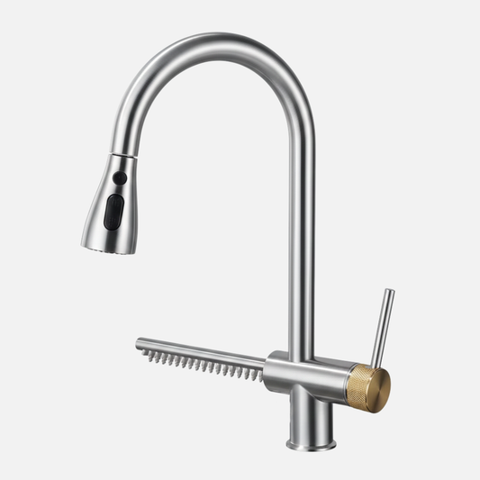 Robinet mitigeur évier cuisine cascade flexible douchette - Argenté - Laiton