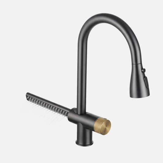 Robinet mitigeur évier cuisine cascade flexible douchette - Noir - Laiton