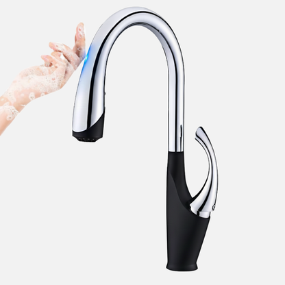 Robinet mitigeur évier cuisine tactile automatique design flexible douchette - Noir / Argenté - Laiton