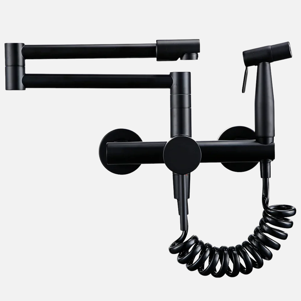 Robinet mitigeur évier de cuisine rétractable mural avec douchette - Noir - Laiton