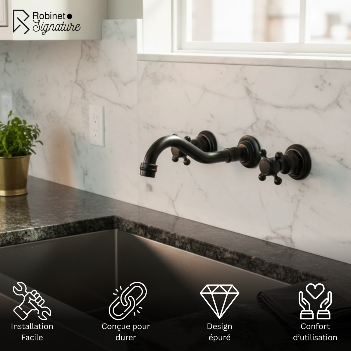 Robinet vintage mural encastrable cuisine évier - Noir - Laiton