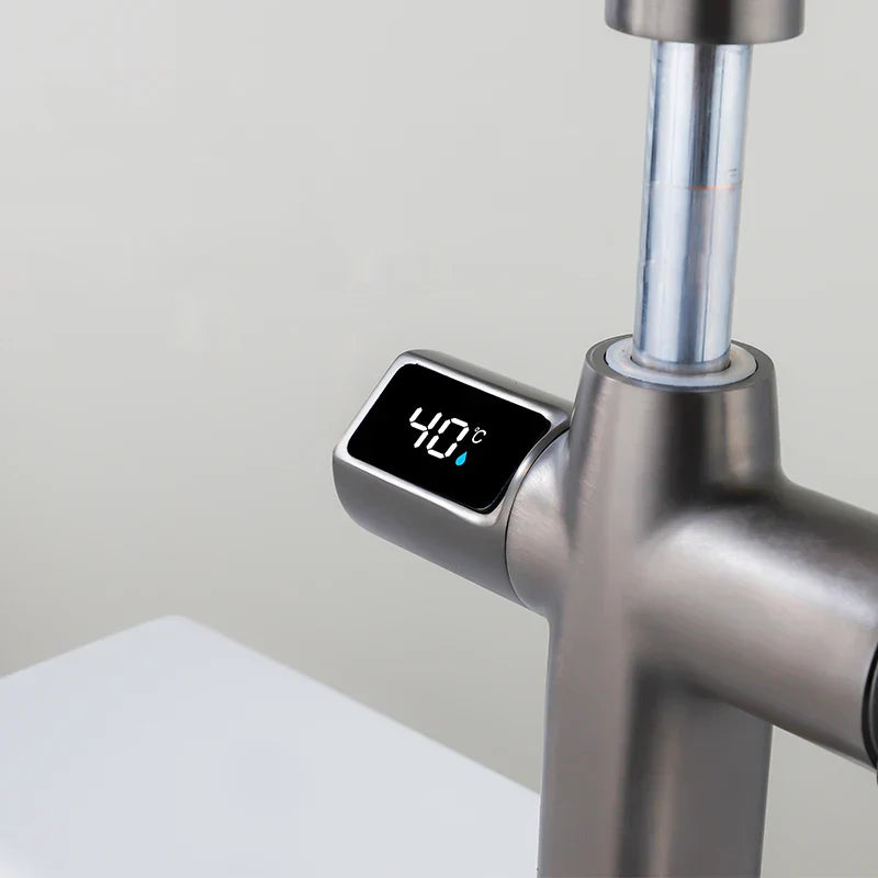 Robinet mitigeur cuisine affichage thermostatique flexible - Argenté - Laiton