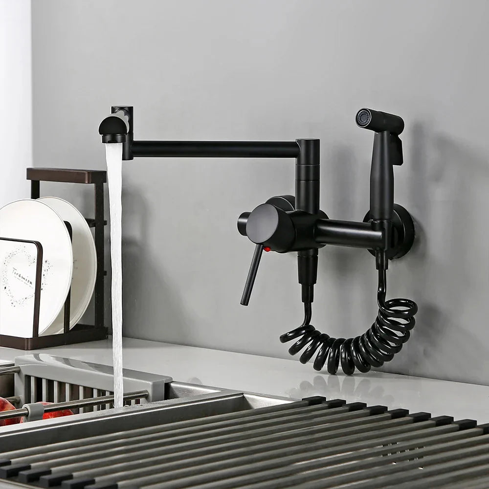 Robinet mitigeur évier de cuisine rétractable mural avec douchette - Noir - Laiton