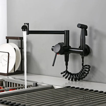 Robinet mitigeur évier de cuisine rétractable mural avec douchette - Noir - Laiton