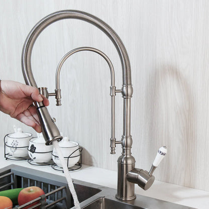 Robinet mitigeur cuisine évier douchette rétro poignée céramique - Argenté - Laiton