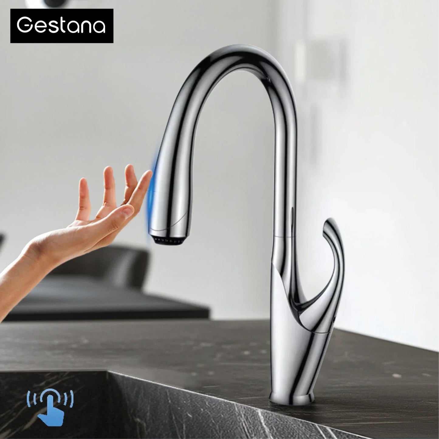 Robinet mitigeur évier cuisine tactile automatique design flexible douchette - Noir / Argenté - Laiton