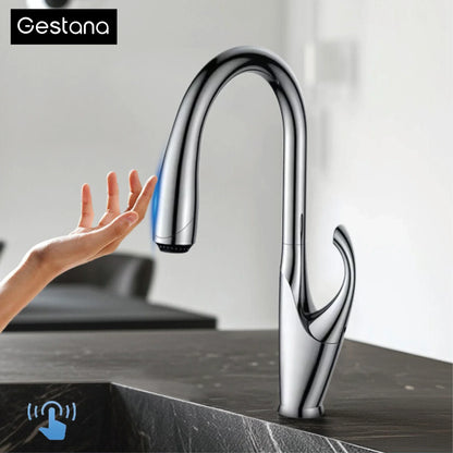 Robinet mitigeur évier cuisine tactile automatique design flexible douchette - Noir / Argenté - Laiton