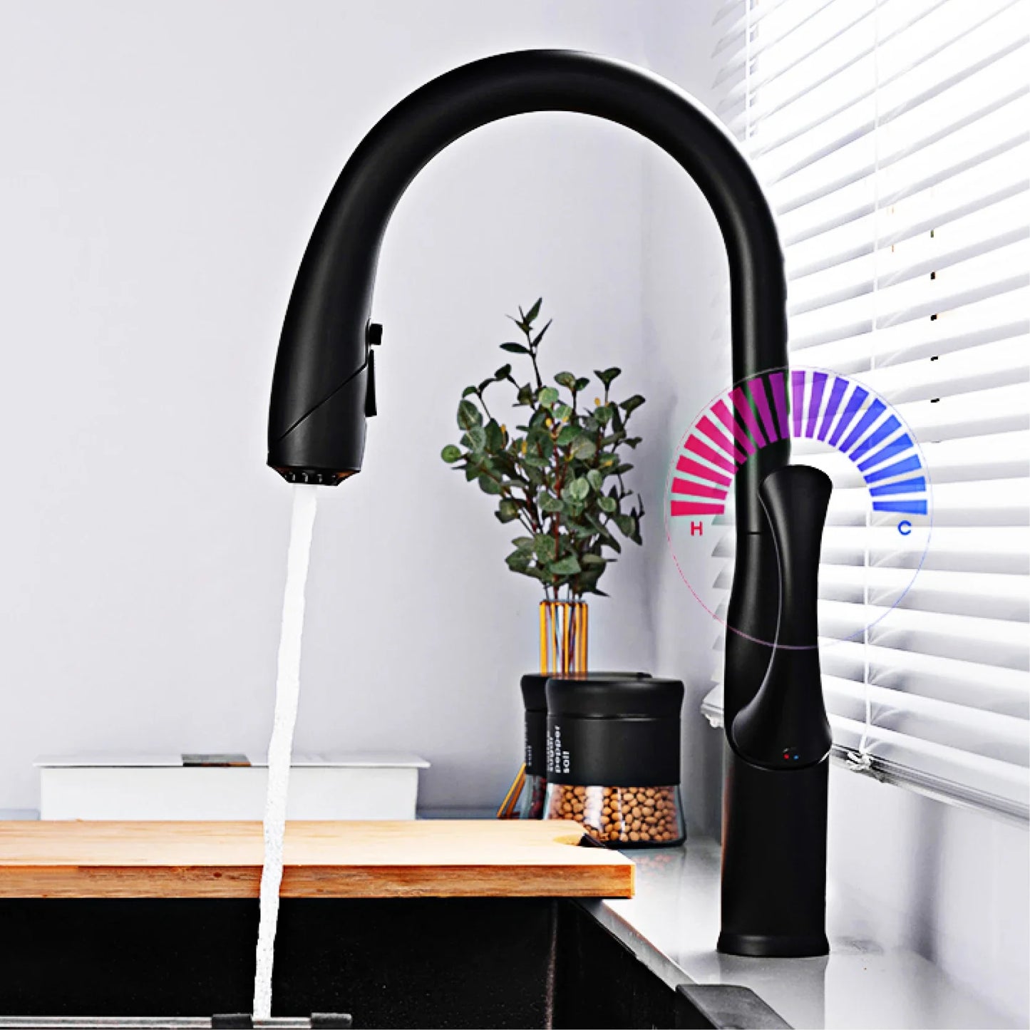Robinet mitigeur évier cuisine design moderne flexible douchette - Noir / Argenté - Laiton