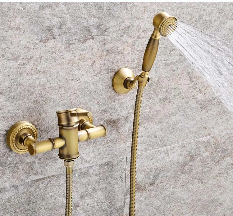 Robinet mitigeur douche salle de bain bambou flexible pommeau - Doré