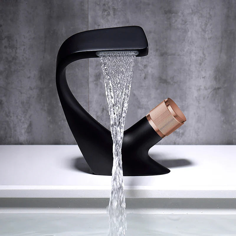 Robinet mitigeur lavabo salle de bain incurvé molette - Noir - Laiton