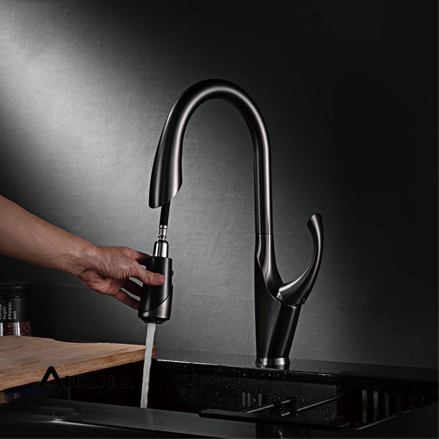 Robinet mitigeur évier cuisine design moderne flexible douchette - Noir / Argenté - Laiton