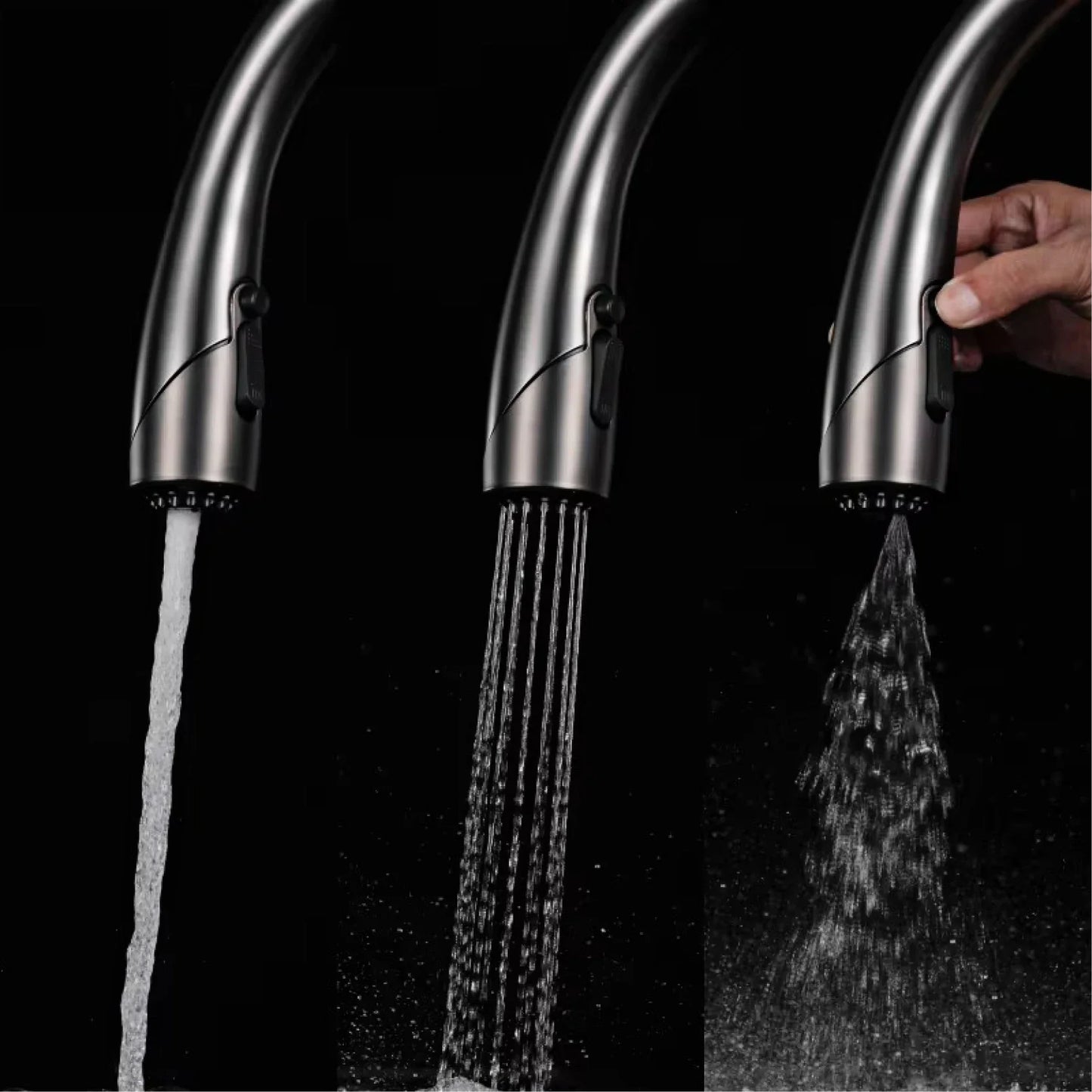 Robinet mitigeur évier cuisine tactile automatique design flexible douchette - Noir / Argenté - Laiton