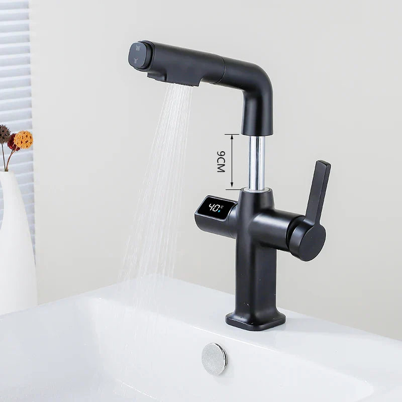 Robinet mitigeur cuisine affichage thermostatique flexible - Noir - Laiton