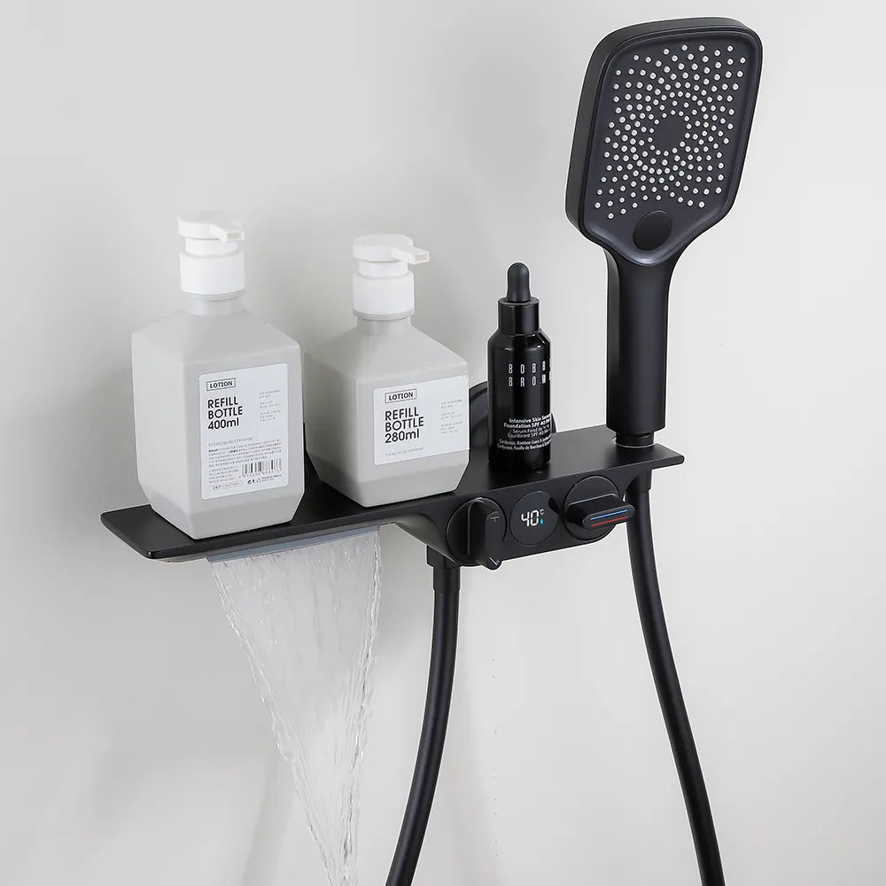 Robinet baignoire salle de bain cascade douchette affichage numérique - Noir - Laiton