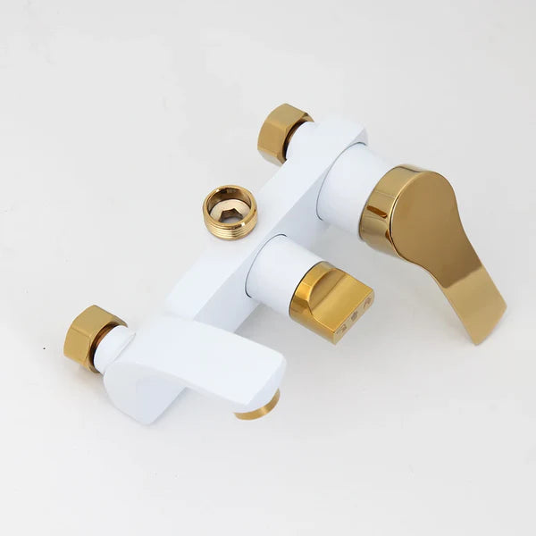 Robinet mitigeur salle de bain baignoire douche - Blanc Doré (fond gris)