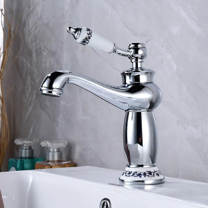 Robinet mitigeur lavabo salle de bain rétro poignée céramique - Argenté - Laiton