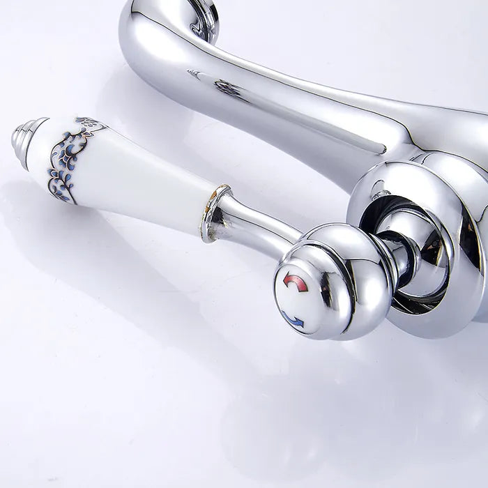 Robinet mitigeur lavabo salle de bain rétro poignée céramique - Argenté - Laiton