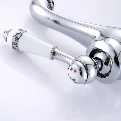 Robinet mitigeur lavabo salle de bain rétro poignée céramique - Argenté - Laiton