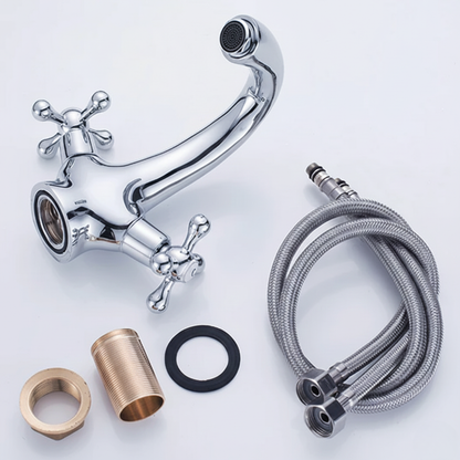 Robinet mitigeur lavabo salle de bain rétro double poignées - Argenté - Laiton