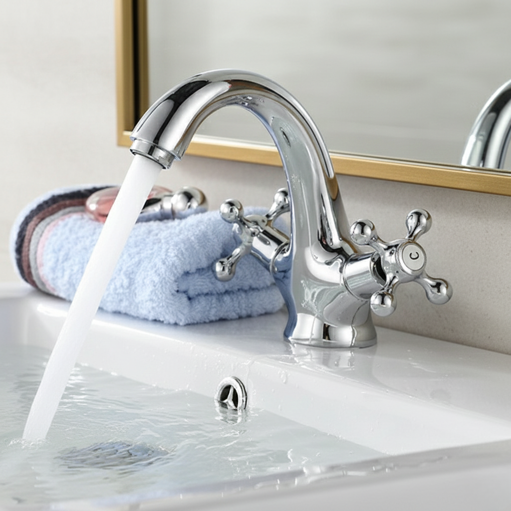 Robinet mitigeur lavabo salle de bain rétro double poignées - Argenté - Laiton