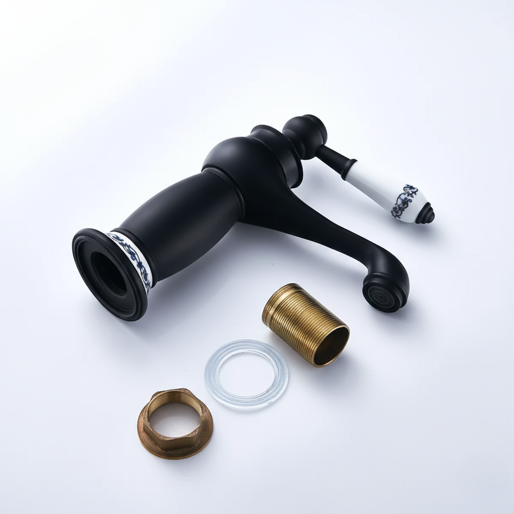 Robinet mitigeur lavabo salle de bain rétro poignée céramique - Noir - Laiton