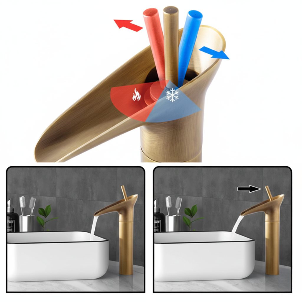 Robinet mitigeur salle de bain lavabo bambou cascade - Doré - Laiton