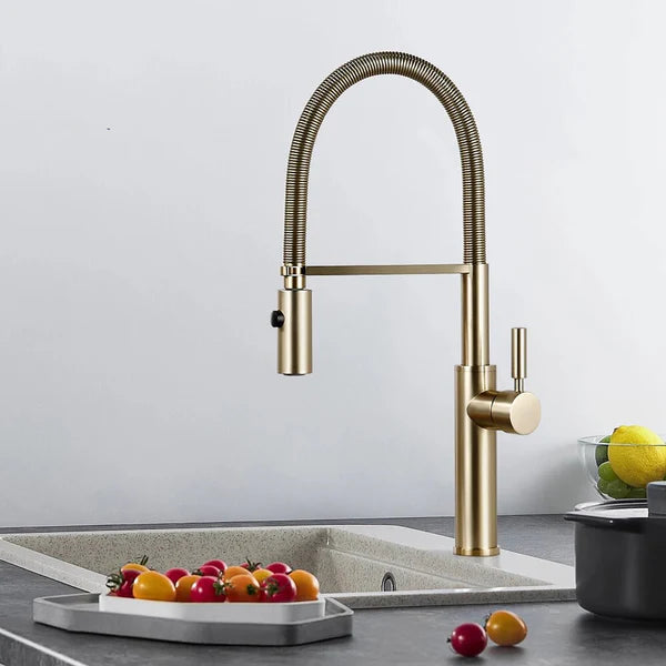 Robinet mitigeur évier cuisine flexible douchette design - Doré - Laiton